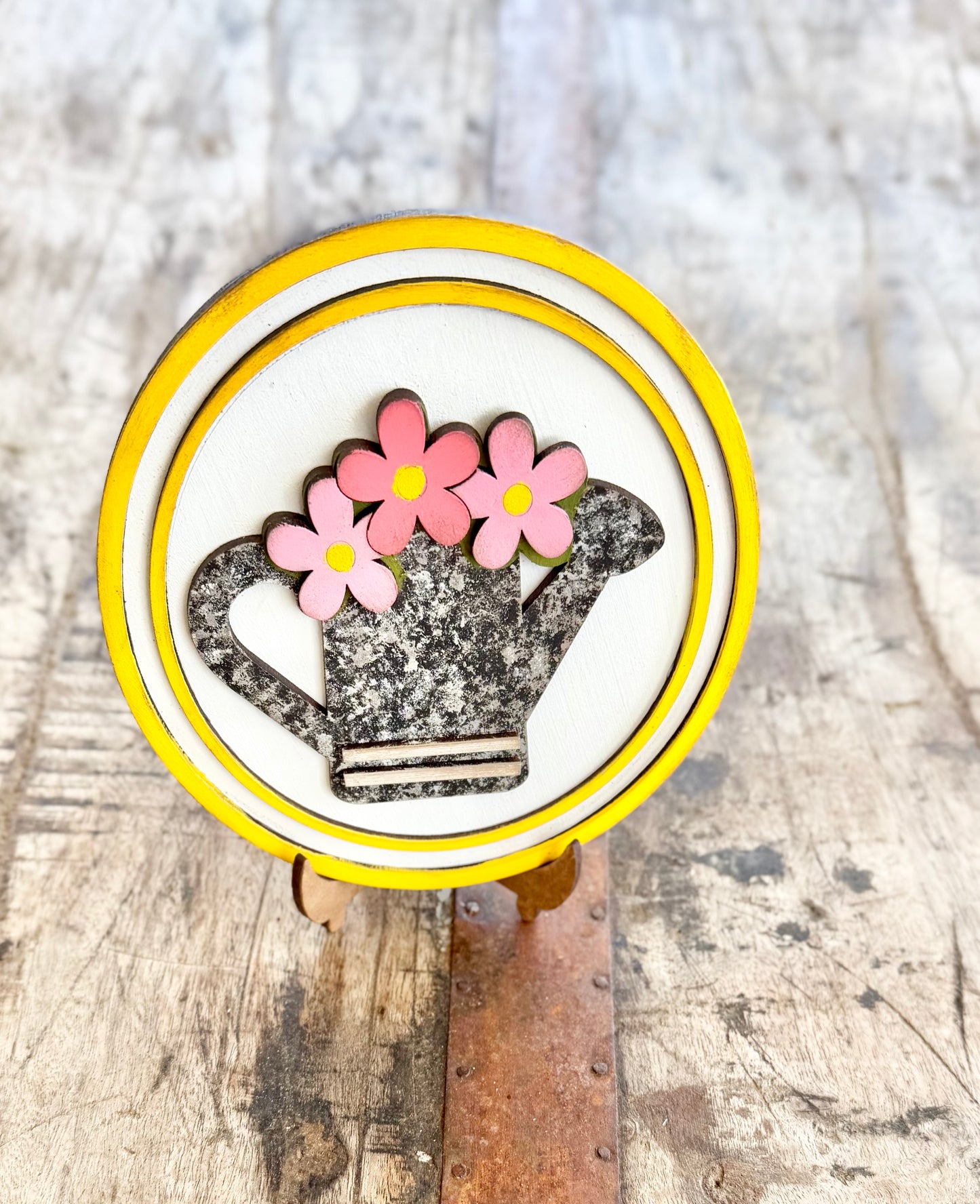 Watering Can With Flowers on Round Frame-unfinished