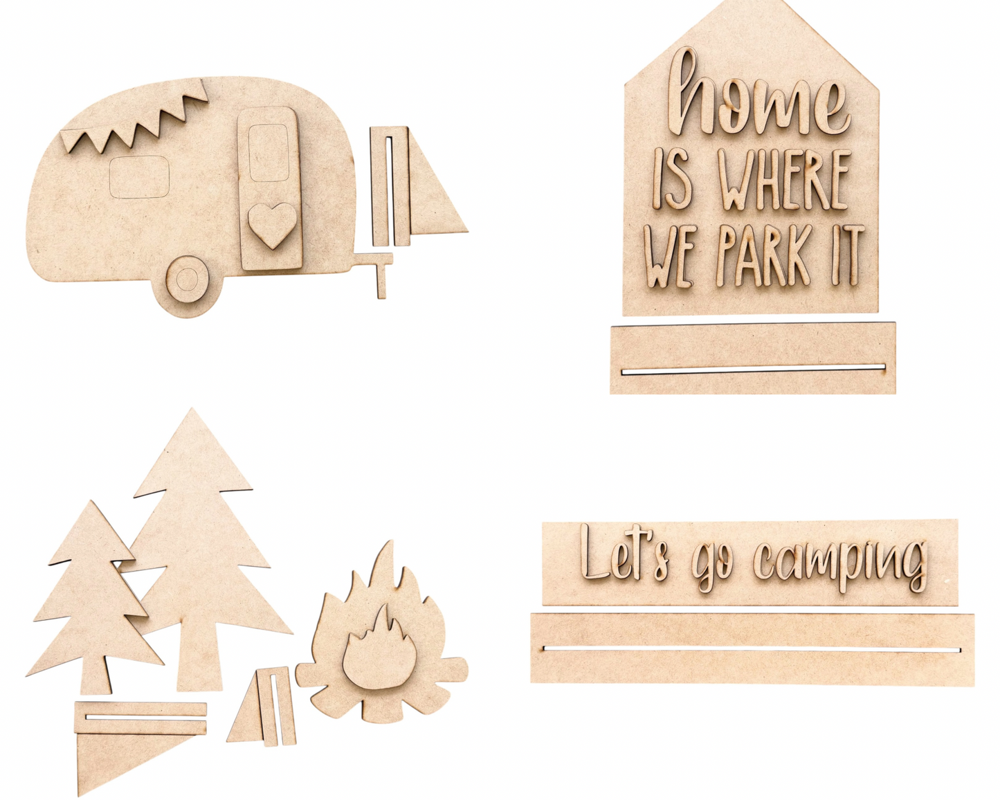 Camping Set (Camper, signs, campfire & Trees)-unfinished
