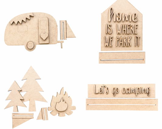 Camping Set (Camper, signs, campfire & Trees)-unfinished
