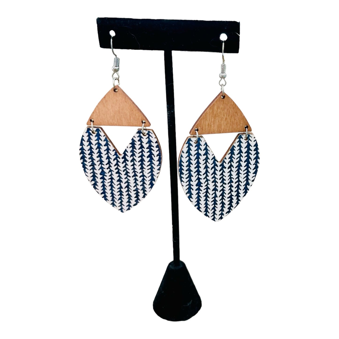 Navy White Vine Detail Wood Earrings